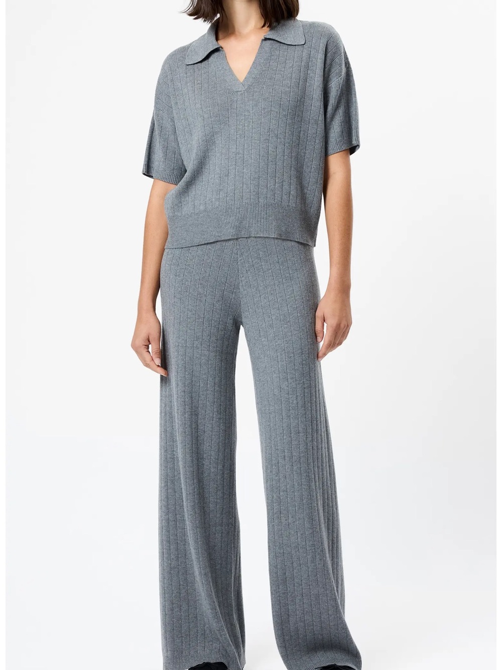 French Connection Ribbed Wide-Leg Knit Pants in Gray